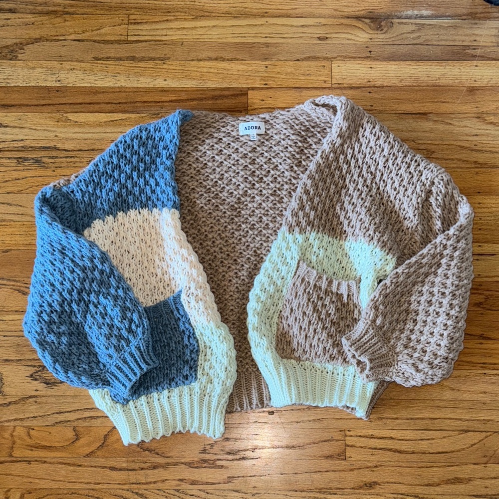 ADORA Colorblock Cardigan - Blue, Cream, and Tan